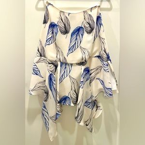 REISS white flowy high wasted skirt with blue and grey leaf pattern